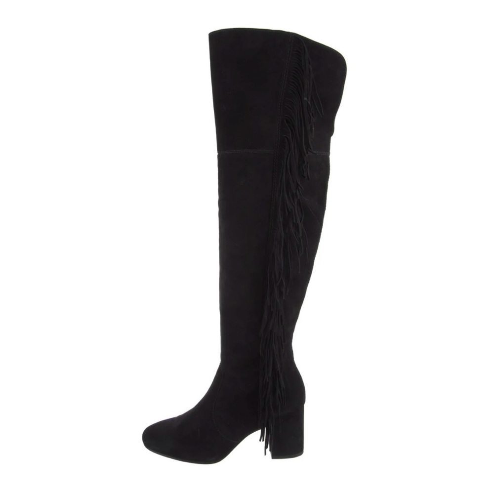 Frye Black Suede Over the Knee Fringe Boots